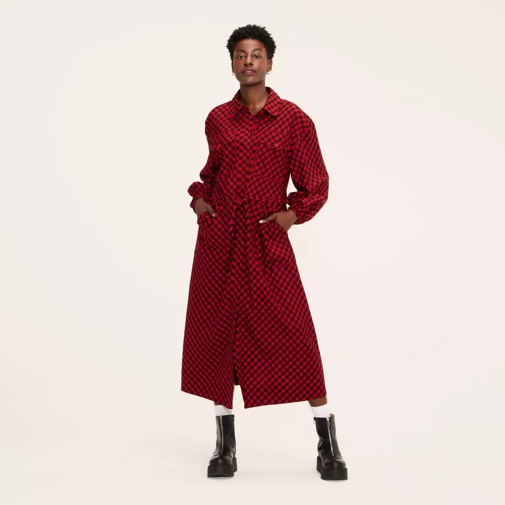 Woolrich x Target L Large Buffalo Check Long Sleeve Utility Midi Shirt Dress NWT